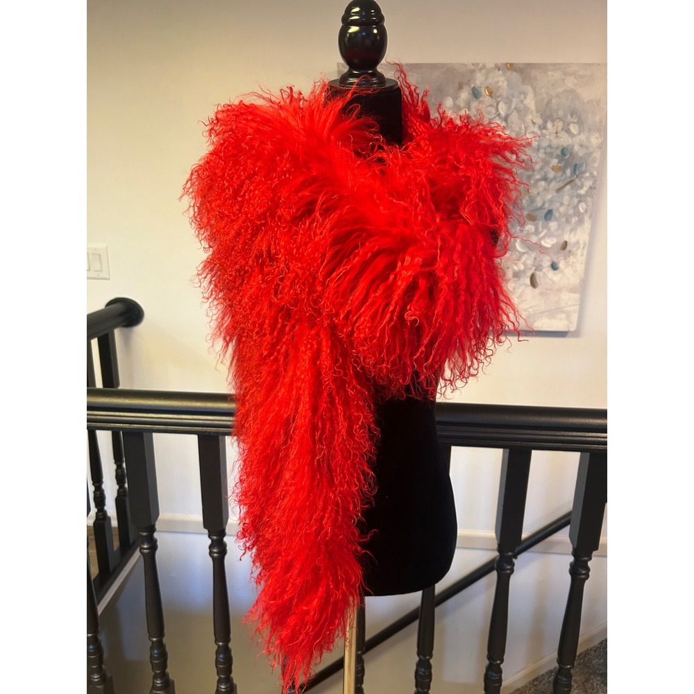 Red Mongolian Lamb Fur Scarf Long Curly Tibetan Fur Stole Wrap Crimson